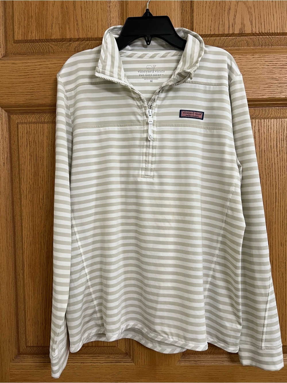 Vineyard Vines Striped Sankaty Shep Shirt Half-Zip Pullover Beige/White Sz M